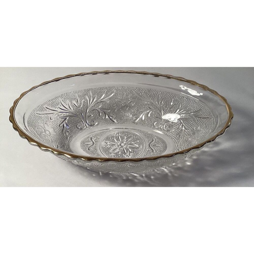 Anchor Hocking Glass Clear Gold Trim Sandwich Oval Bowl 8.5” x 6” Dish